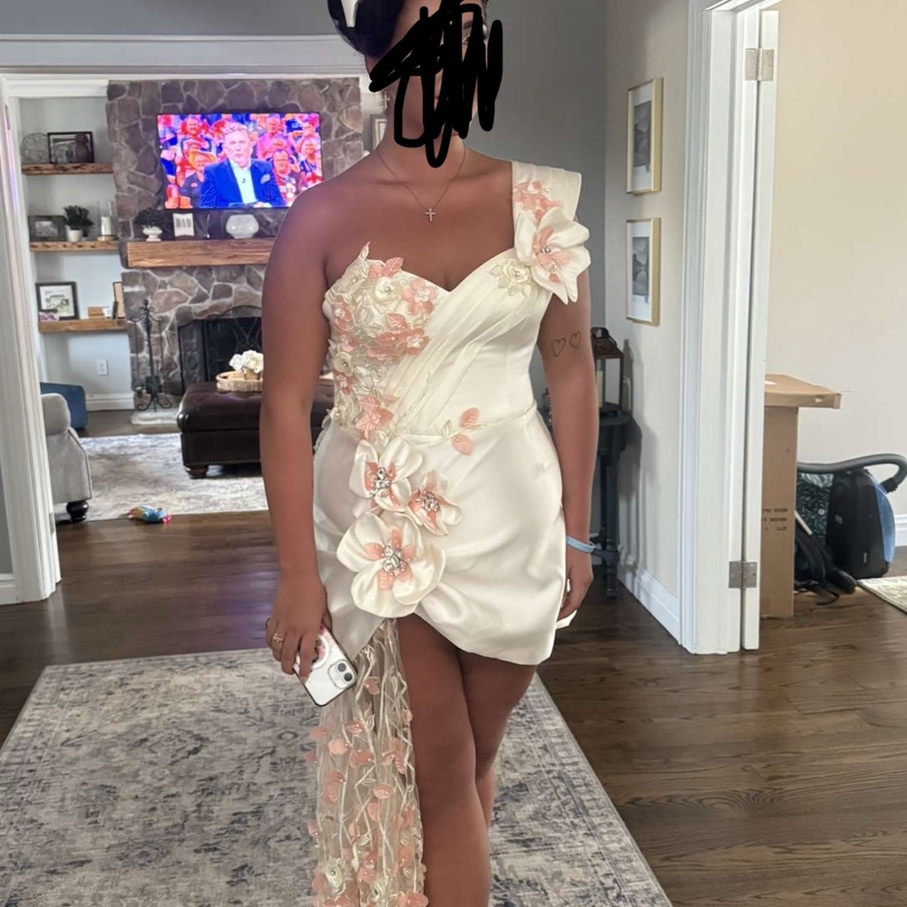 Bespoke one shoulder ivory dress with side train